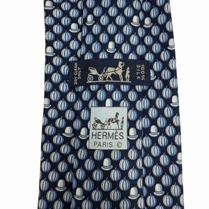 Hermes Men's Tie Hats & Pumpkins Navy Blue Satin Silk 5072 PA 3.5" (W) x 60" (L)